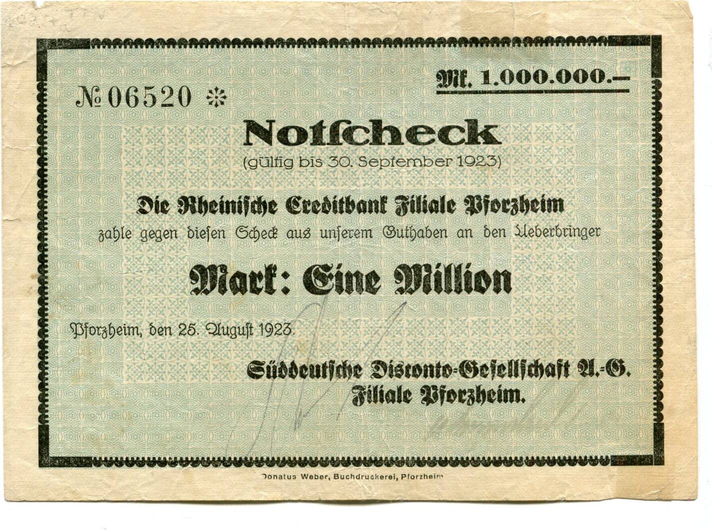 Baden 1 Mio. Mk. 25.8.1923 Pforzheim, Gebraucht | MA-Shops