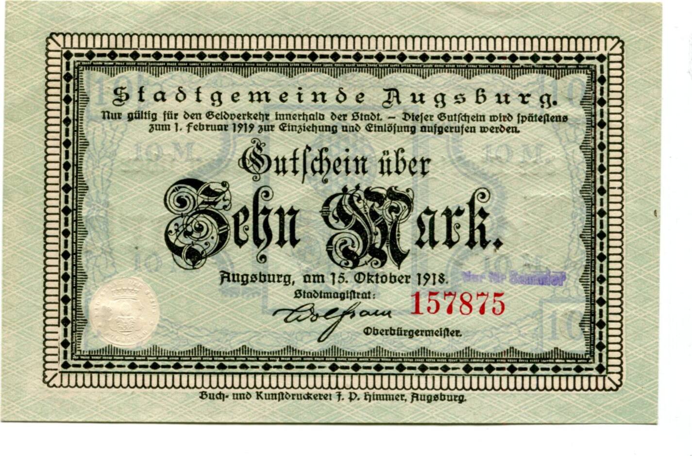Bayern 10 Mk. 15.10.19181.2.1919 Augsburg, I