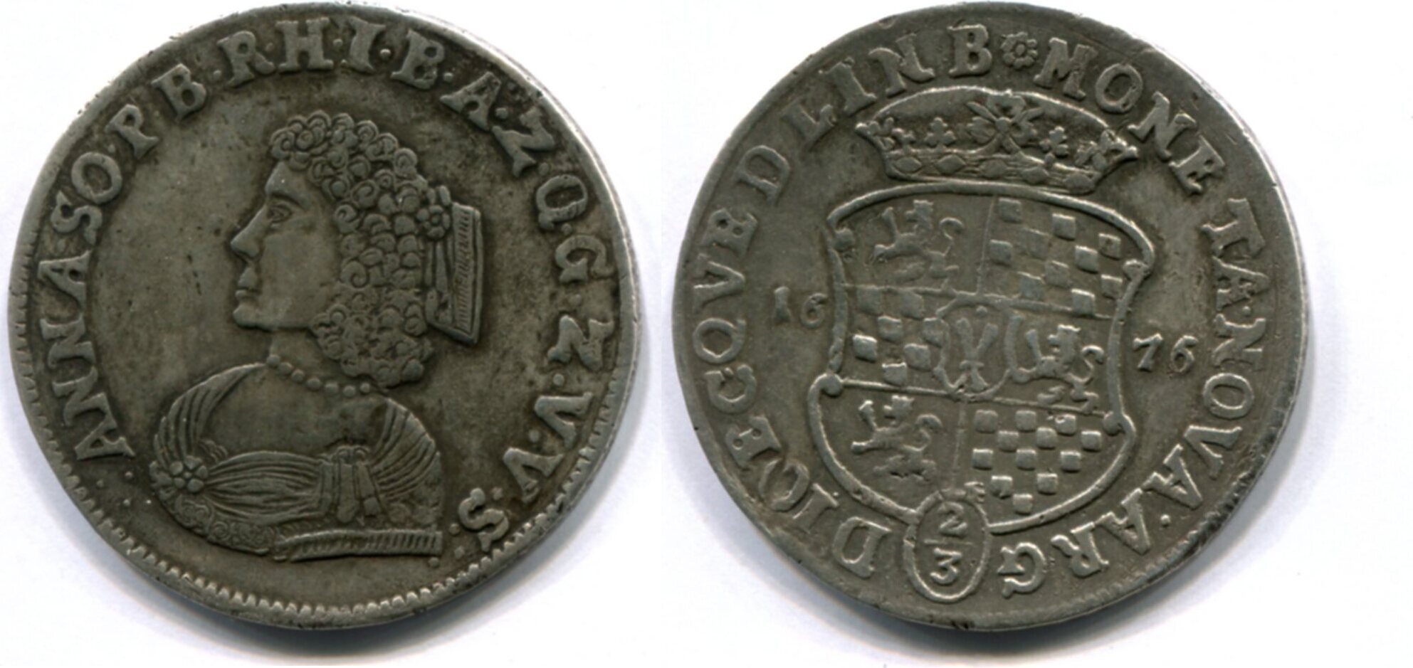 Quedlinburg/Abtei, 2/3 Taler 1676 Anna Sophia v.Pfalz Birkenfeld 1645 ...