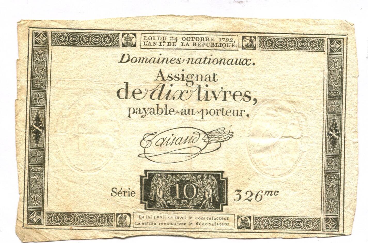 Frankreich, 10 Livres 24.10.1792 Assignat, III