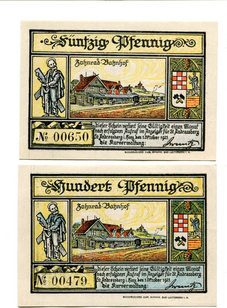 Niedersachsen 50 Pfg. 100 Pfg. 1.10.1921 St.Andreasberg, I/I- | MA-Shops
