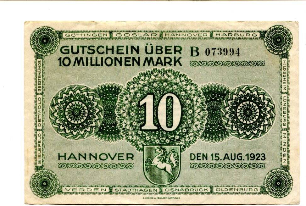 Niedersachsen 10 Mio. Mark 15.8.1923 Hannover, II-/III | MA-Shops