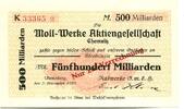 Sachsen 500 Md. Mark 3.11.1923 Annaberg i.Erzg.,Moll-Werke A.G.,Raswerke... 33,00 EUR  zzgl. 6,00 EUR Versand