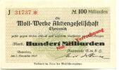 Sachsen 100 Md. Mark 3.11.1923 Annaberg i.Erzg.,Moll-Werke A.G.,Raswerke... 33,00 EUR  zzgl. 6,00 EUR Versand
