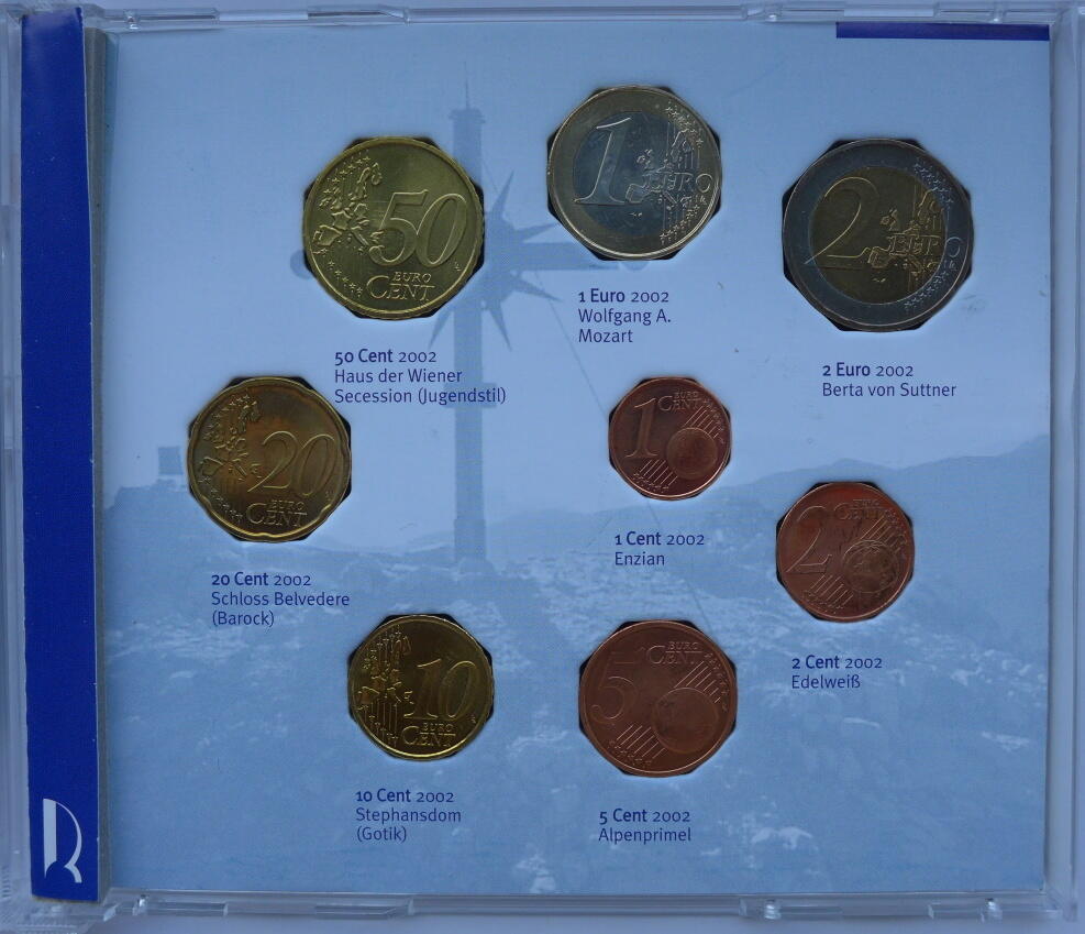 Österreich EuroKMS 1 Cent 2 Euro 2002 Die neuen nationalen Euromünzen vz