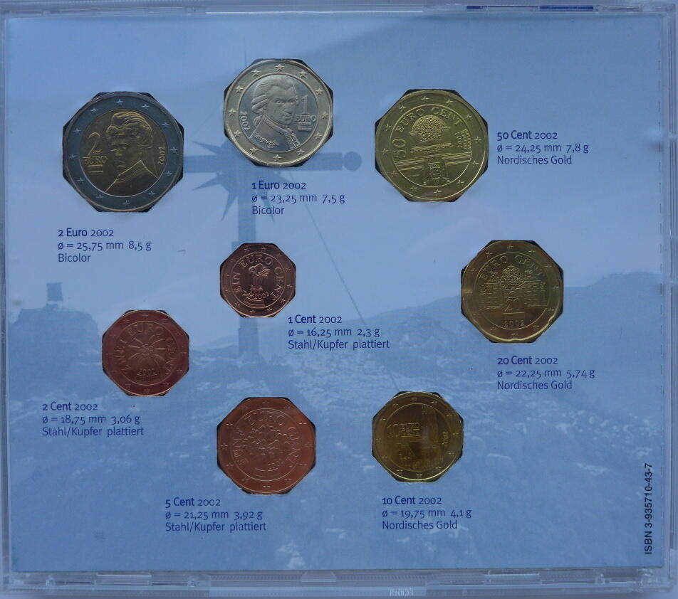 Österreich EuroKMS 1 Cent 2 Euro 2002 Die neuen nationalen Euromünzen vz