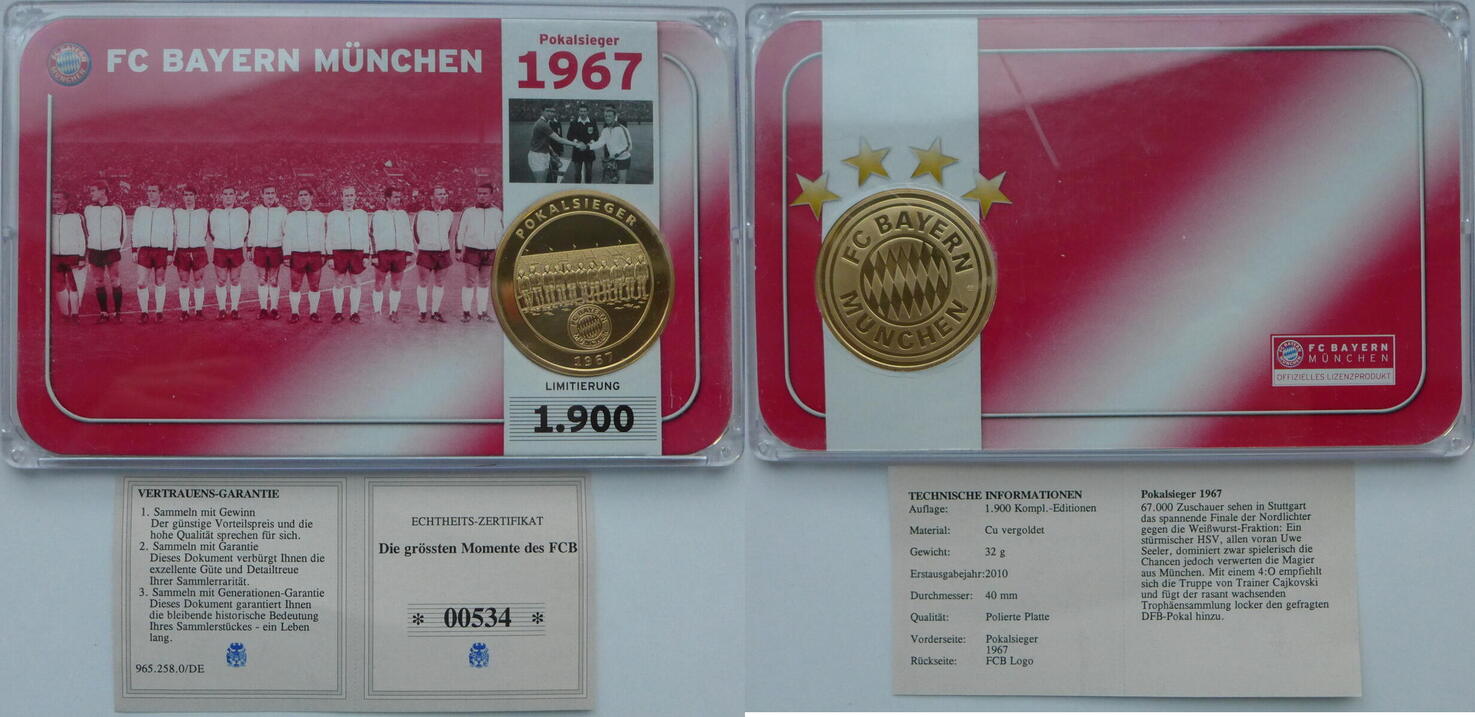 Deutschland Medaille Vergoldet Fc Bayern München Pokalsieger 1967 Pp Ma Shops 