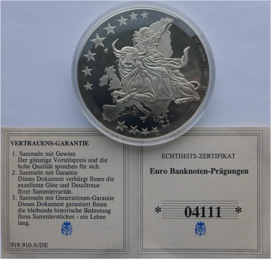 Deutschland Medaille 2002 Euro Banknoten Prägungen 5 Euro Schein PP, leicht angelaufen MA