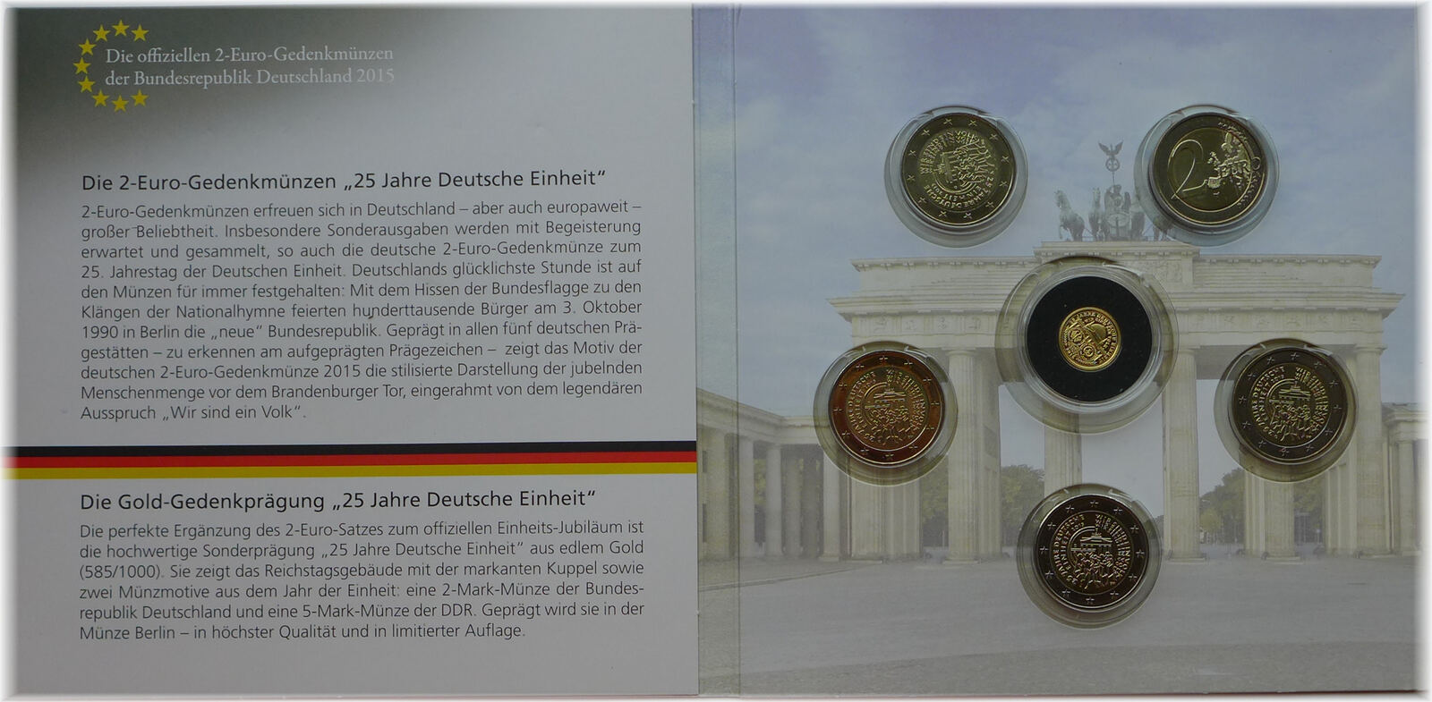 Gold Gedenkprägung 25 Jahre Deutsche Einheit 2015 BRD 5 x 2 Euro + Goldgedenkprägung 2015 Zum 25. Jahrestag der Deutschen