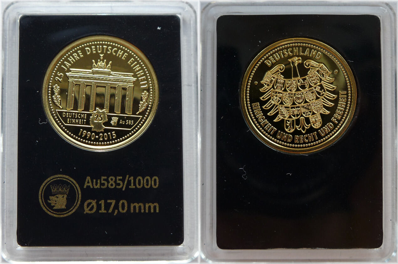 Gold Gedenkprägung 25 Jahre Deutsche Einheit 2015 Deutschland Goldmedaille 2015 Jubiläumsprägung 25 Jahre Deutsche