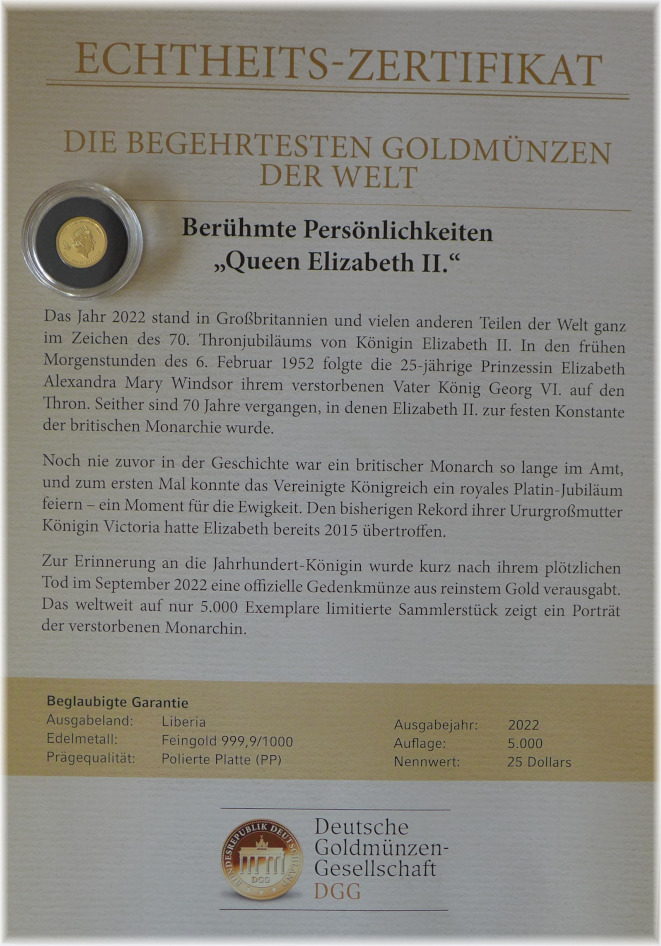Liberia 25 Dollars 2022 Sterbemünze Queen Elizabeth II. (19262022) PP