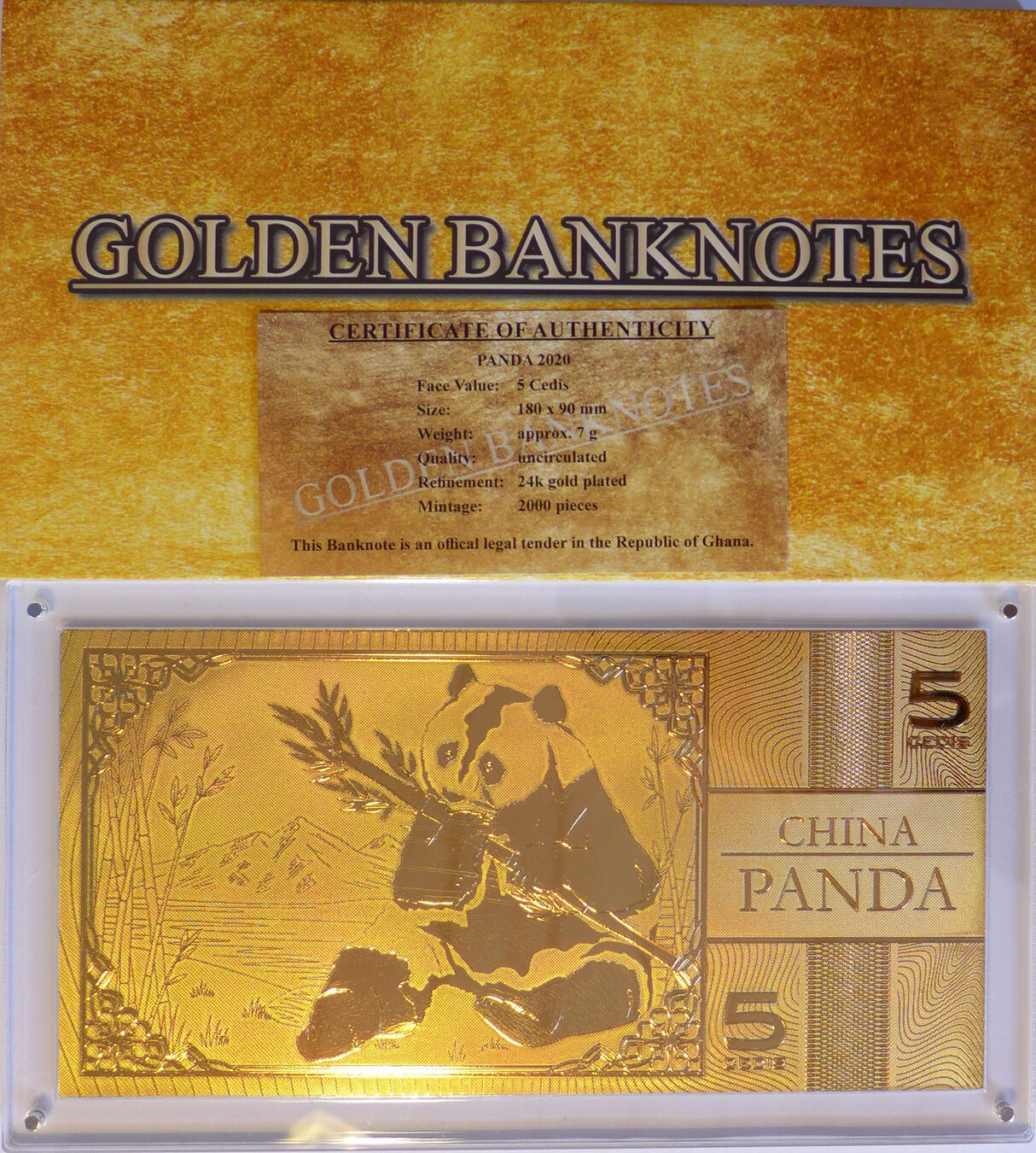 Ghana 5 Cedis 2020 Golden Banknotes - China Panda - vergoldet unc