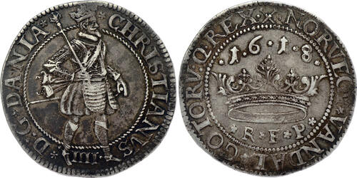 DENMARK 1 Krone (4 Mark) 1618 Christian IV - Copenhagen mint SS+