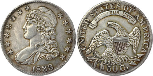United States  Capped Bust” Half Dollar 1833 Federal Republic - Philadelphia mint ss+, l. irisi