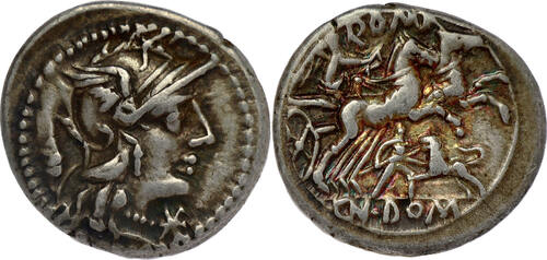 ROMAN REPUBLIC AR Denarius 128 B.C. Domitia - Cn. Domitius Ahenobarbus - Rome mint SS+