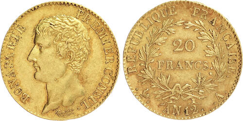 France 20 Francs AN12 (1803) Premier Empire - Bonaparte Premier Consul vzgl+, rötliche Patina