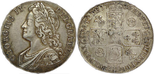 Great Britain Crown 1736 George II - Roses & plumes - Edge: NONO ss+