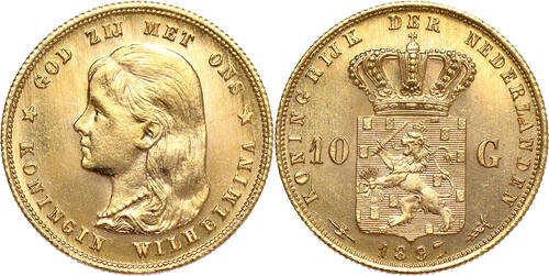 NETHERLANDS 10 Gulden 1897 over 7 Kingdom - Wilhelmina - SCARCE overdate & altered 1 in value PROOFL