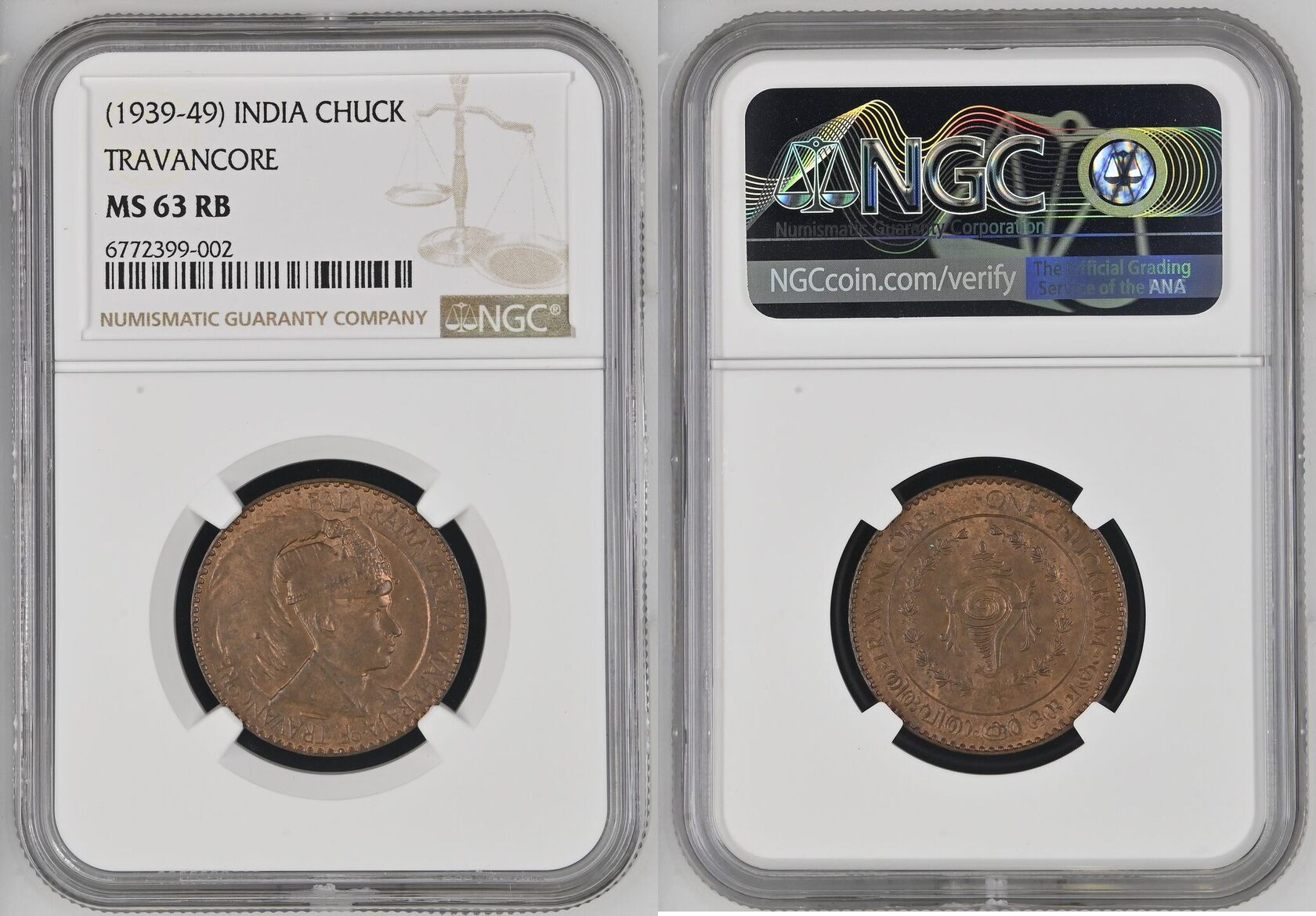 INDIA (1939-49) Bala Rama Varma II Chuckram. NGC MS 63 RB | MA-Shops