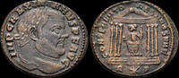 follis 307-308 Roman Maximianus, second reign, AE follis Roma in hexastyle temple VF+