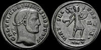 Roman follis Maximinus II , as Caesar,AE follis Virtus advancing right -