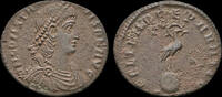 Roman AE20 Constans AE20 Phoenix standing right on globe -