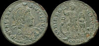 Roman AE24 Theodosius I AE24 emperor standing facing on ship -