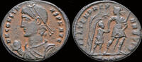 Roman AE half centenionalis Constans AE half centenionalis helmeted soldier and small figure advancing right -