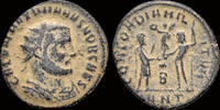 Roman radiatus Maximianus Herculius AE radiatus Jupiter presents Victory on globe to emperor -