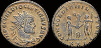 Roman AE radiatus Diocletian AE radiatus empror receiving Victory on a globe from Jupiter -