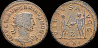 Roman AE antoninianus Carinus AE antoninianus emperor receiving globe with Victory from Jupiter -