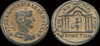 Cyrrhus AE31 Syria Cyrrhus Philip II AE31 Zeus seated in hexastyle temple -