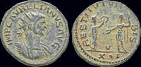 Roman antoninianus Aurelian AE antoninianus Woman presenting wreath to emperor -
