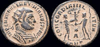Roman radiatus Maximianus Herculius AE radiatus Jupiter presents Victory on globe to emperor -