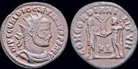 Roman radiate Diocletian AE post reform radiate emperor receiving Victory on globe -
