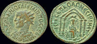 Mesopotamia AE25 Mesopotamia Nisibis Philip II AE25 Tyche seated in tetrastyle temple -