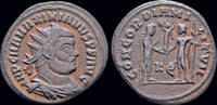 Roman radiate Maximianus Herculius AE radiate emperor receiving Victory on globe -