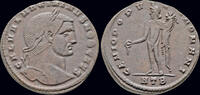 Roman follis Maximinus II, as Caesar AE follis Genius pouring libation from patera -