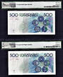 500 Francs Belgium 2 Consecutive  1982-98 Pick-143 Sign 5 & 15 GEM UNC PMG 67 EPQ