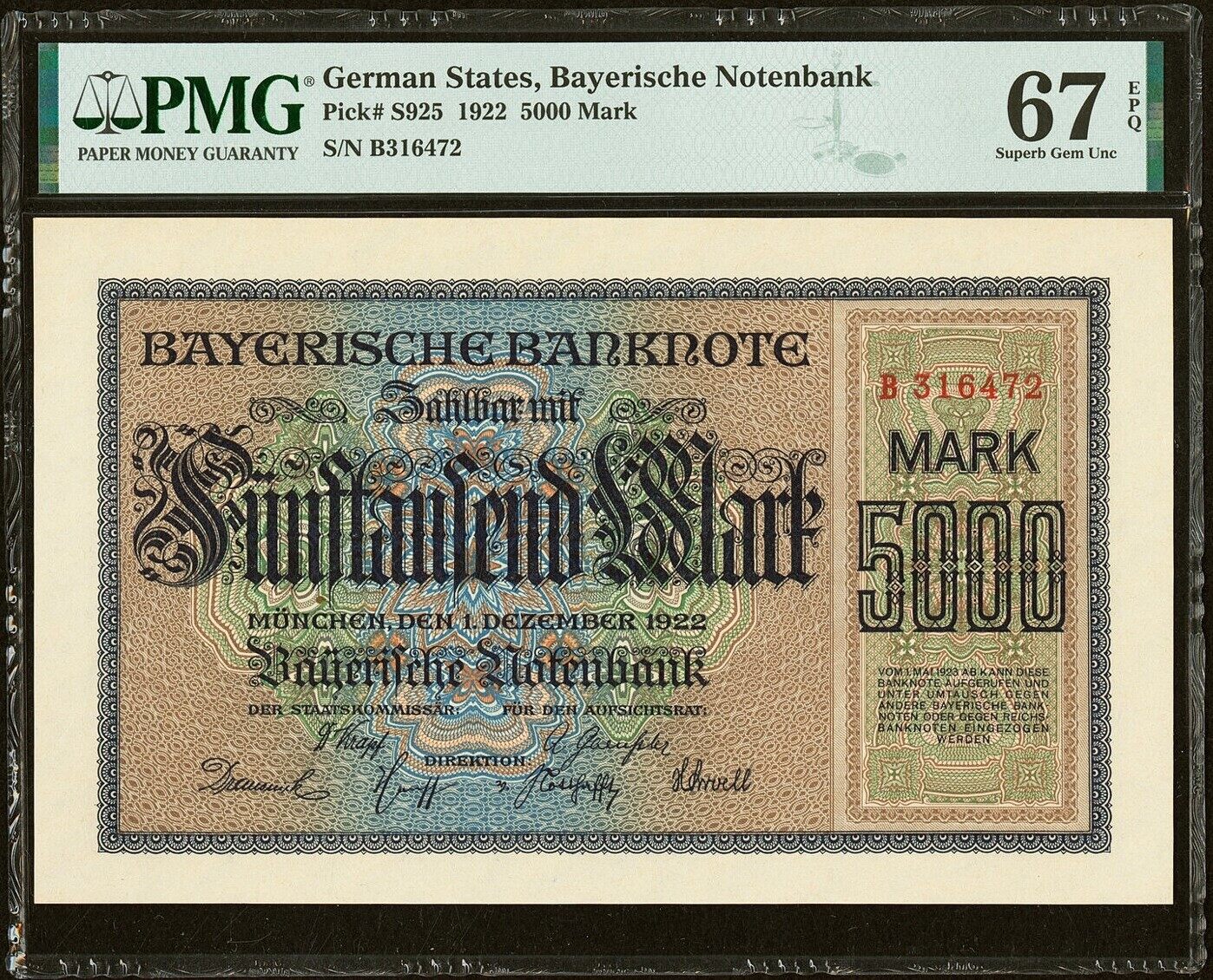 Germany German States Bayerische 5000 Mark 1922 P-S925 Superb GEM