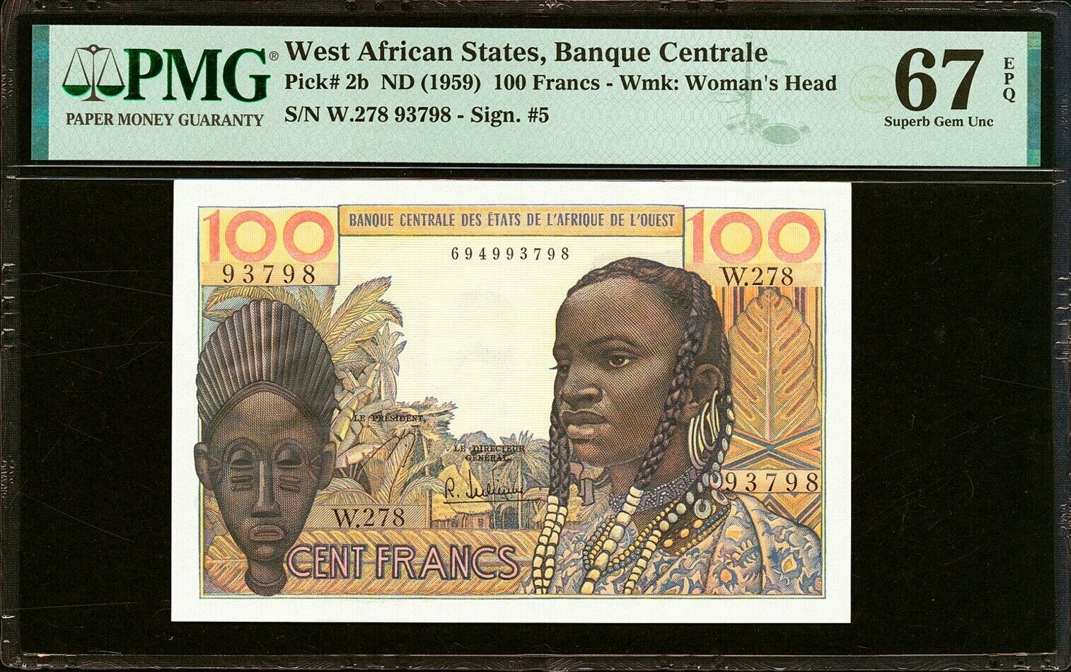 West African States 100 Francs ND (1959) Pick-2b SUPERB GEM UNC PMG 67 ...