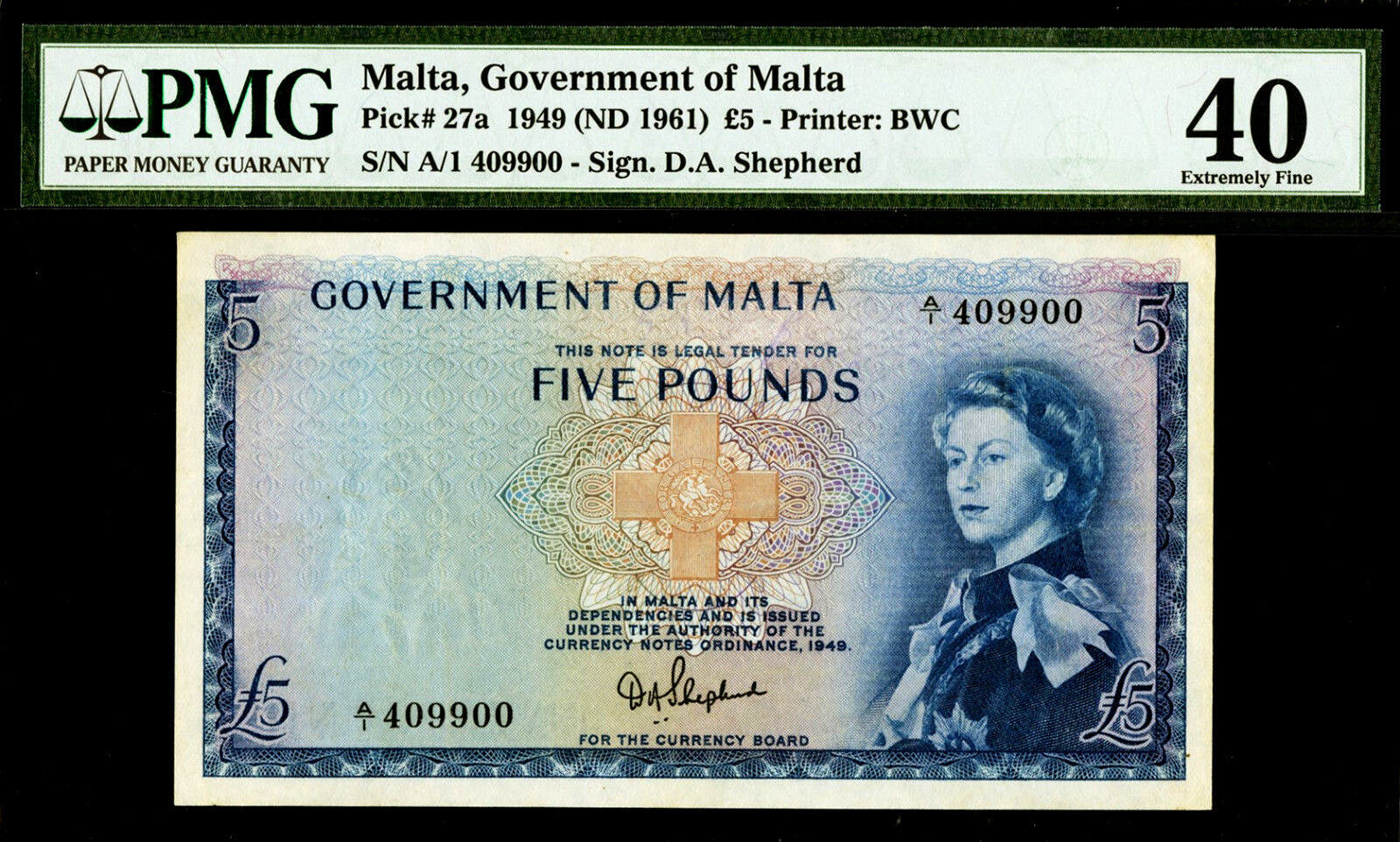 5 Pounds Malta 1949 Nd 1961 Qeii Pick 27a Extremely Fine Pmg 40 Ma Shops 7261