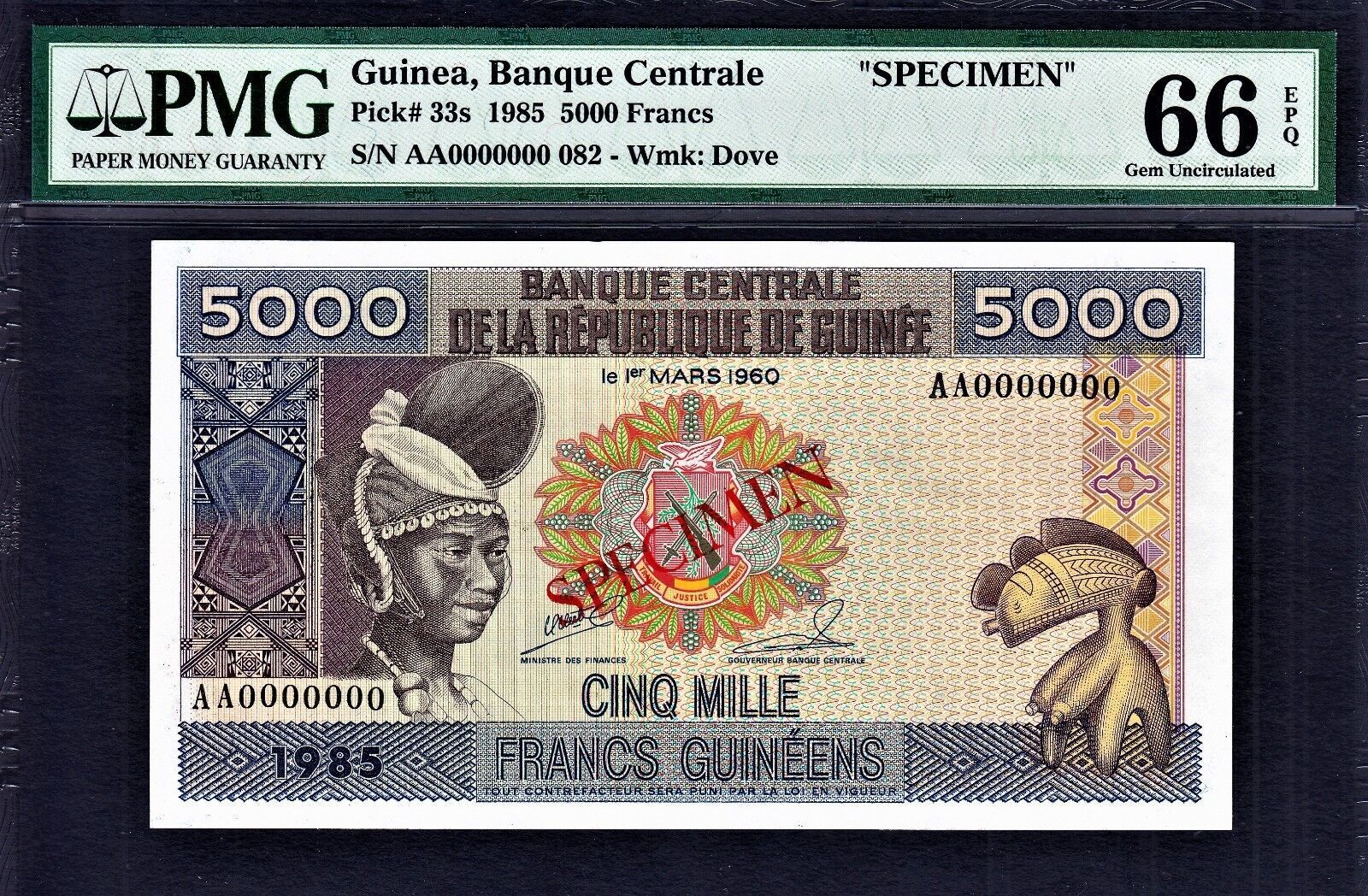 5000 Francs 1985 Guinea SPECIMEN AA 0000000 Pick 33s GEM UNC PMG 66 EPQ 