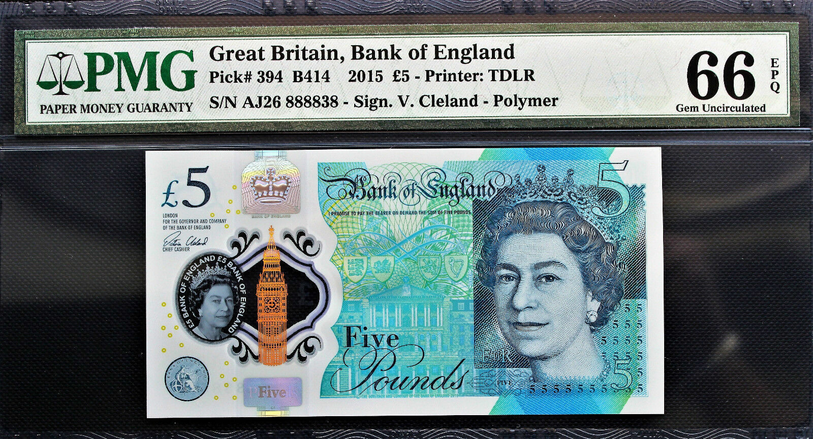 UK (Great Britain) 5 Pounds 2015 Great Britain Polymer NEAR SOLID Serial  8888XX GEM UNC PMG 66 EPQ