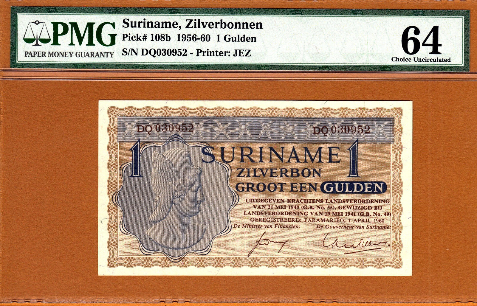 Gulden 1960 Suriname One Pick-108b Ch UNC PMG 64 Rare | MA-Shops