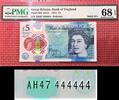UK (Great Britain) England New £5 Polymer SOLID Serial AH47 444444 SUPERB GEM UNC PMG 68 EPQ -