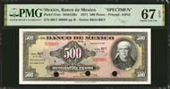 Mexico 500 Pesos Mexico SPECIMEN Pick-51ns SUPERB GEM UNC PMG 67 EPQ -