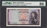 5 Pounds Malta 1967 (ND 1968) QEII Pick-30 Choice UNC PMG 64 -