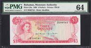 Bahamas 3 Dollars Bahamas Pick-28a Ch UNC PMG 64 NET -