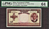 Pound Malta One 1949 (ND 1951) Pick-22a CH UNC PMG 64 -